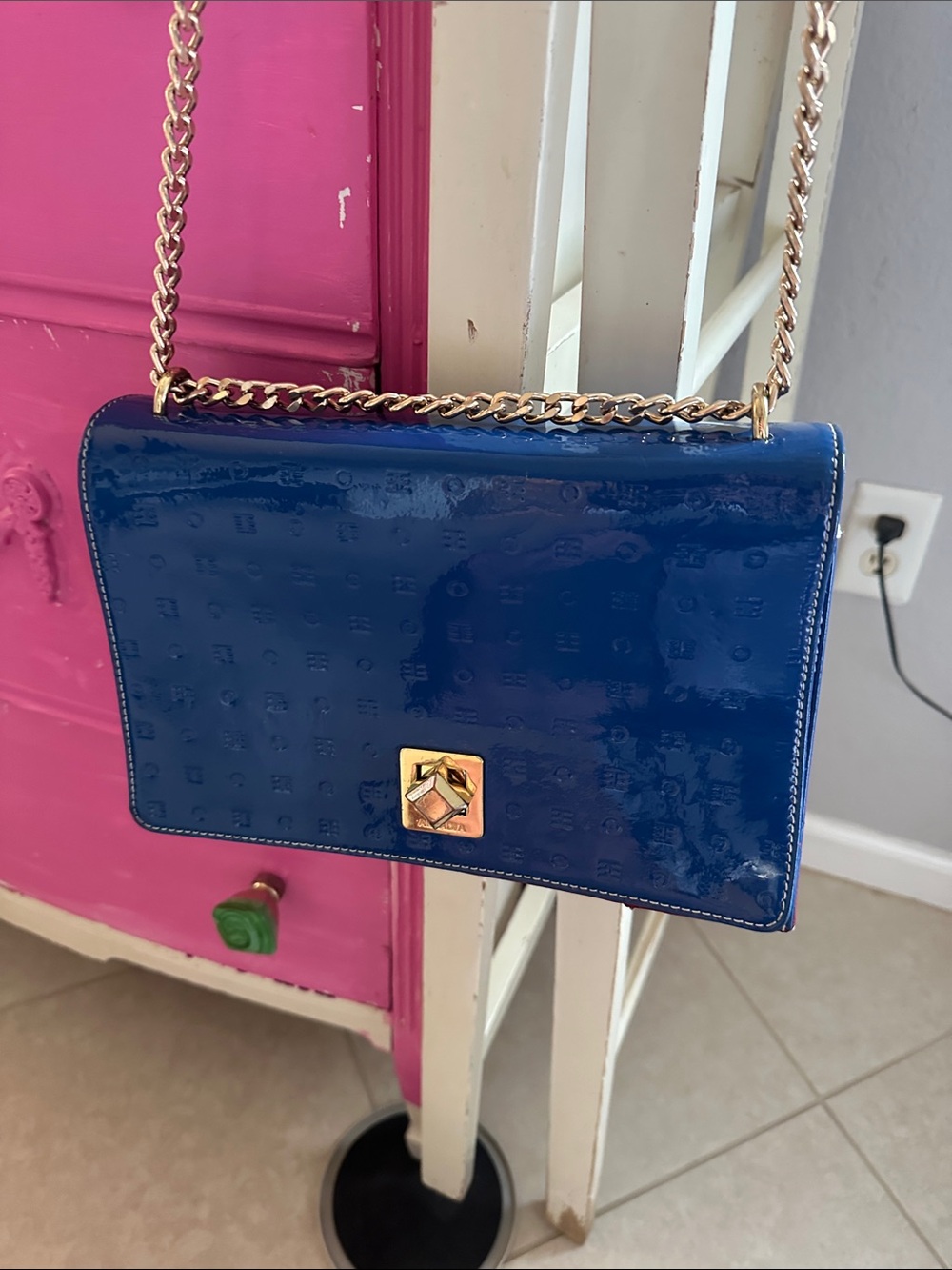 Arcadia Patent Leather Shoulder Bag in Cobalt Blue with Gold Chain